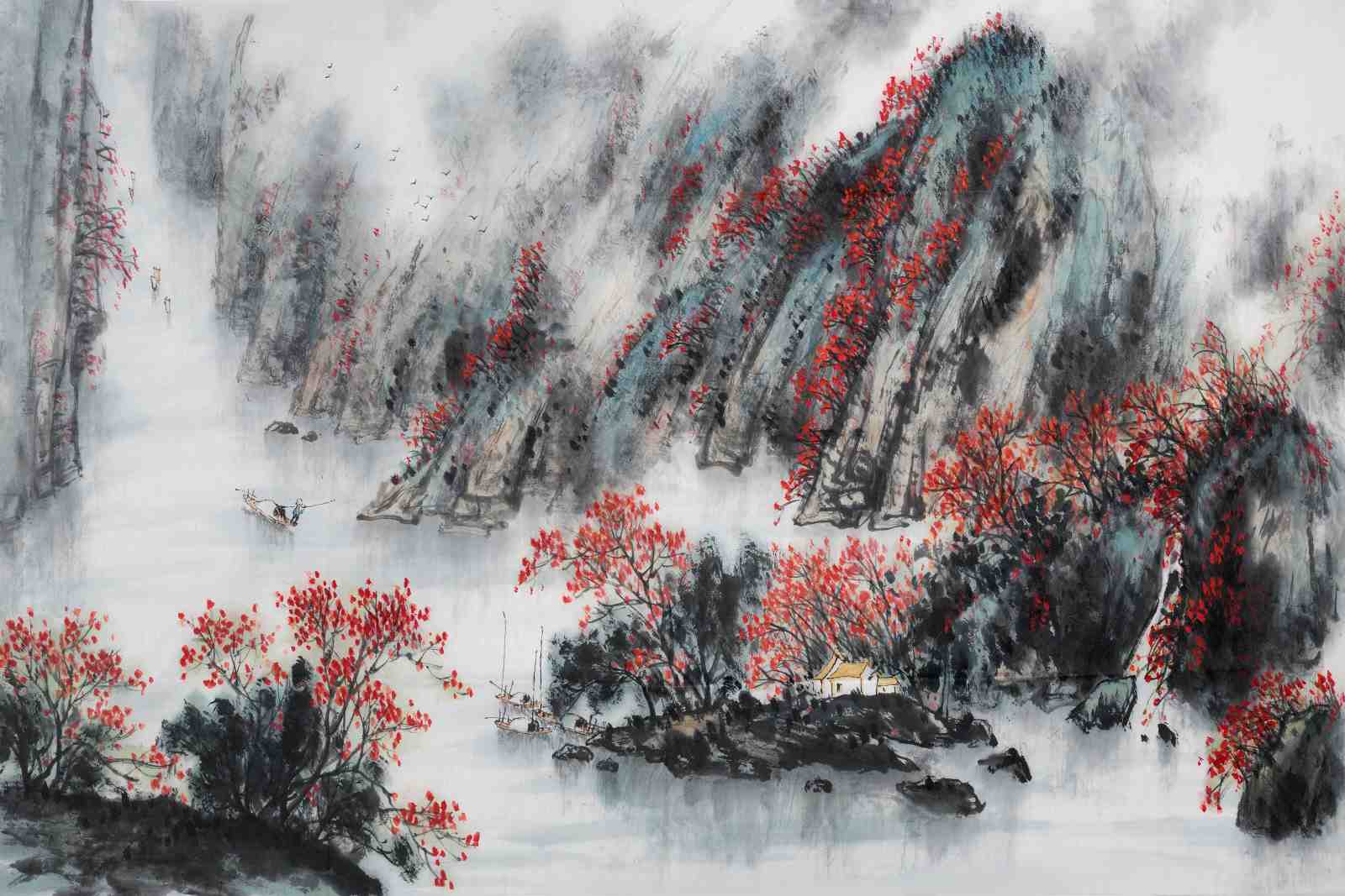 Misty Mountain Serenity Red Blossom Wall Art