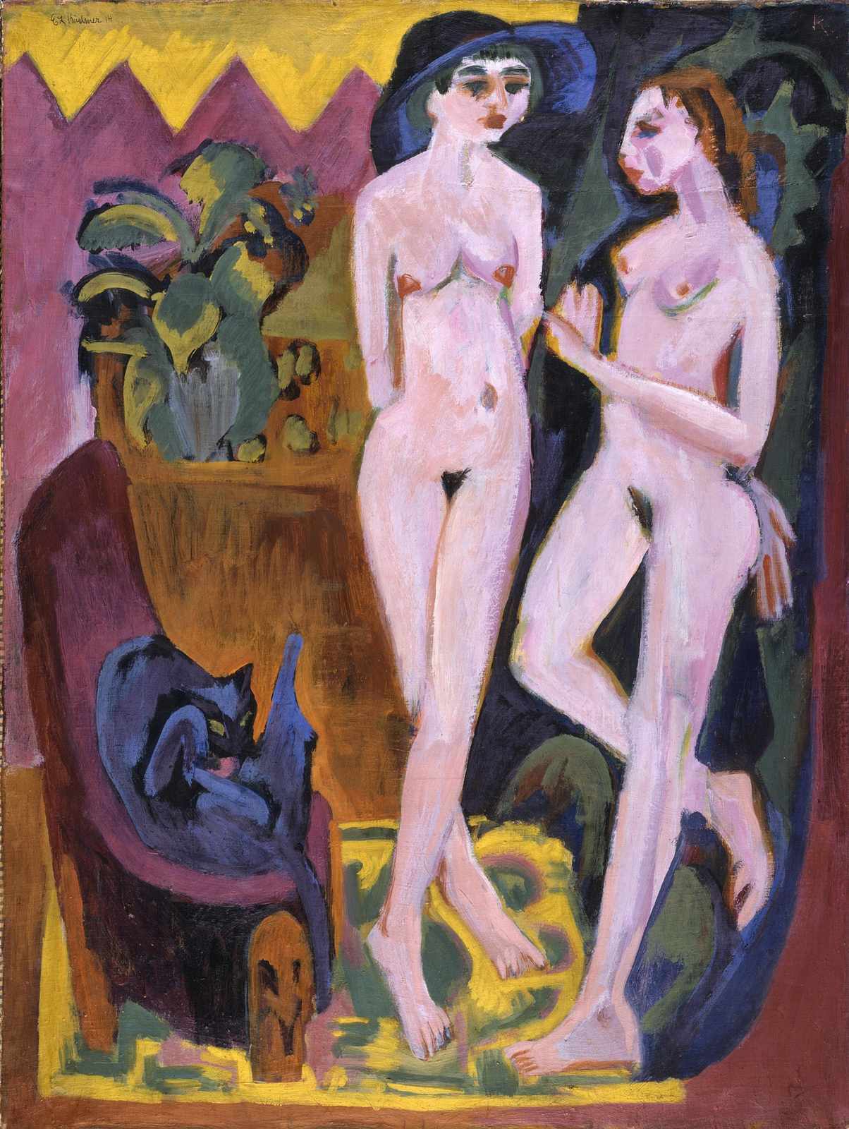 Expressionist Nudes with Cat Wall Art