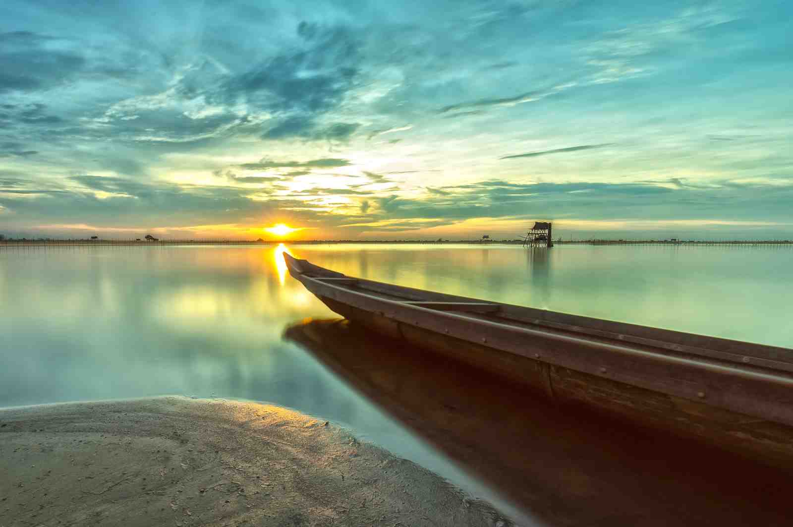Serene Sunset Boat Landscape Wall Art