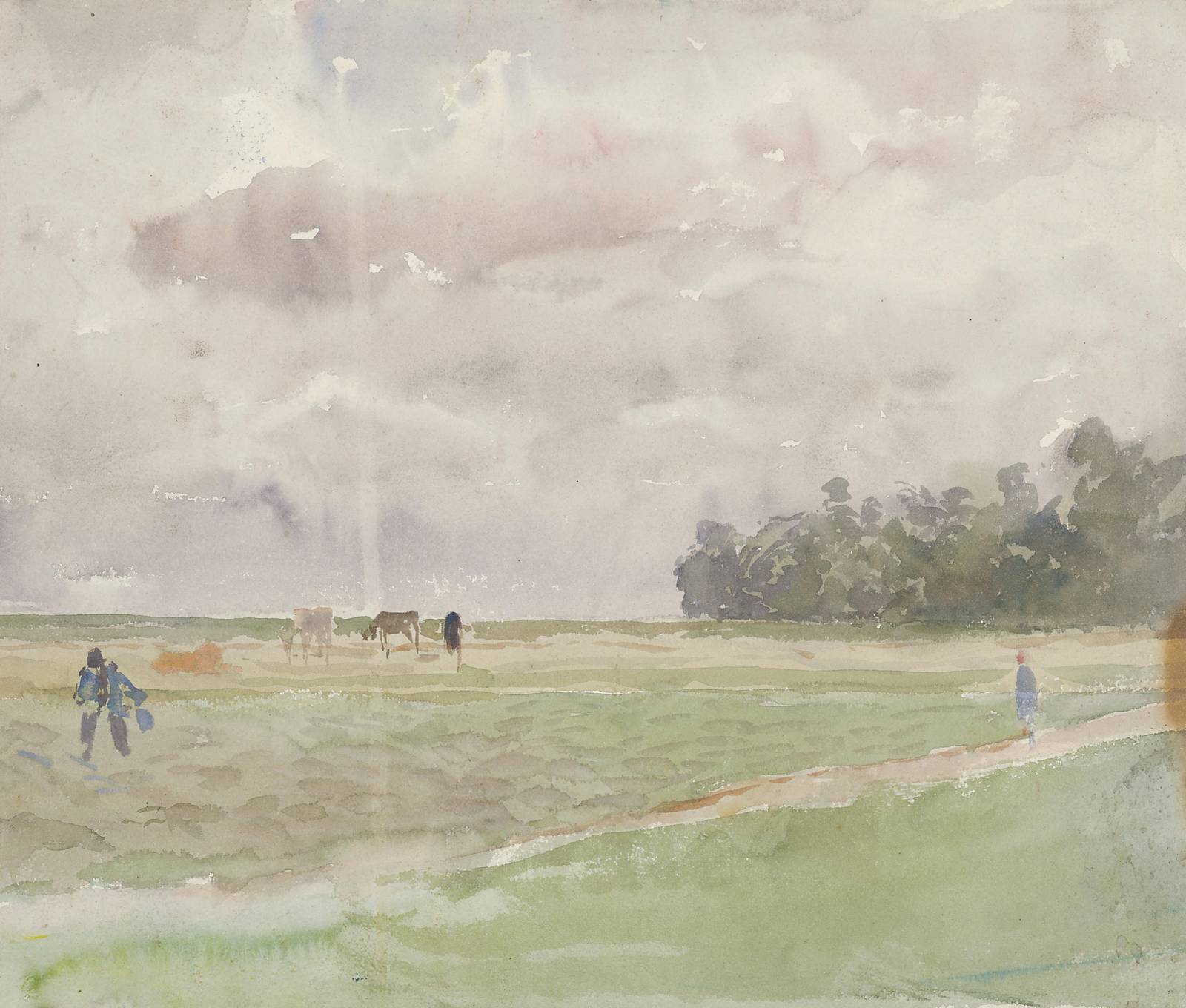 Serene Meadow Cows & Figures Watercolor Wall Art