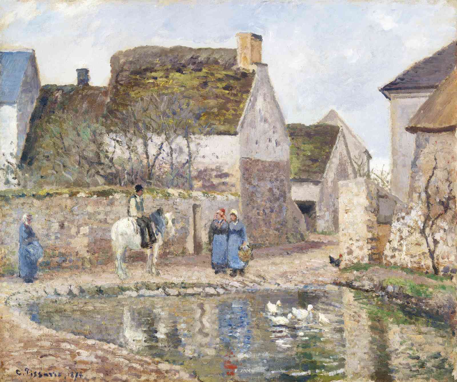 Impressionist Village Scene Horseback Duck Pond Wall Art