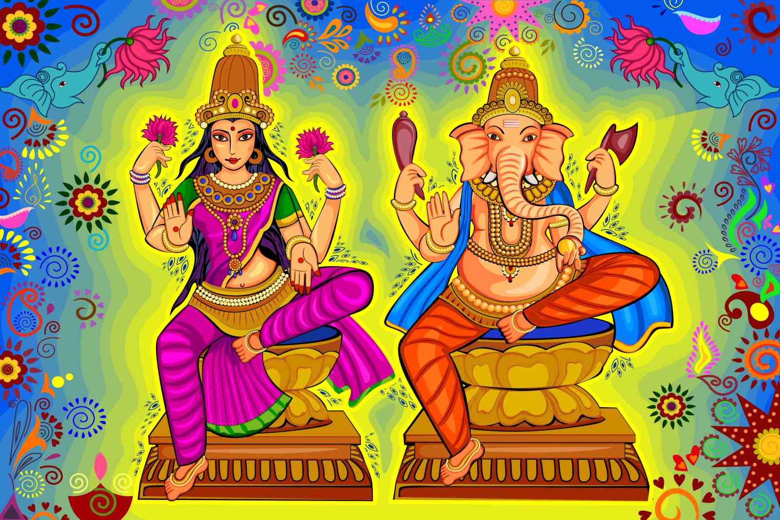 Goddess Lakshmi & Ganesha Vibrant Mandala Wall Art