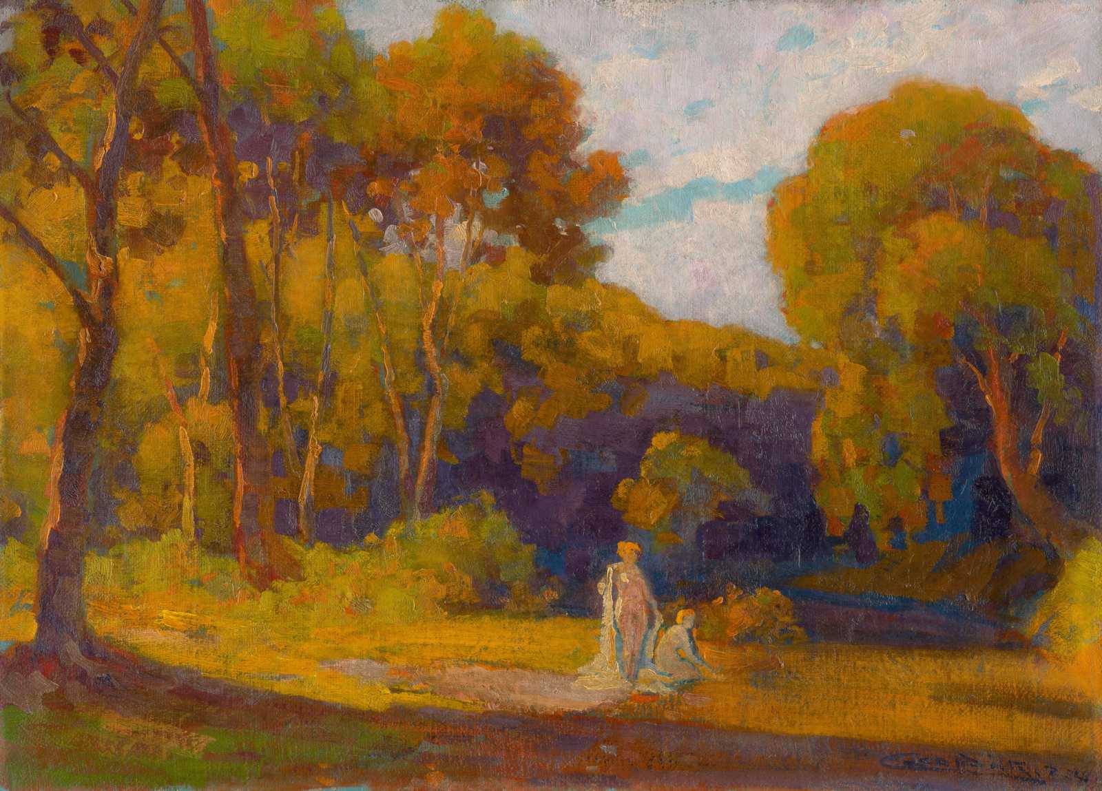 Golden Autumn Landscape with Figures Wall Art