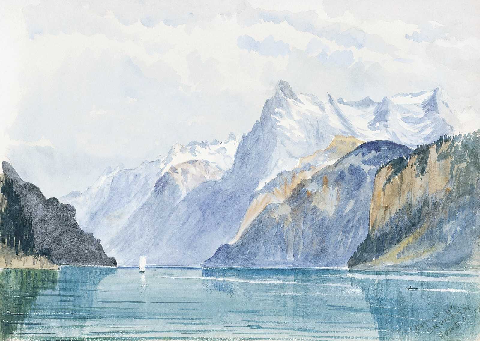 Serene Mountain Lake Watercolor Landscape Wall Art