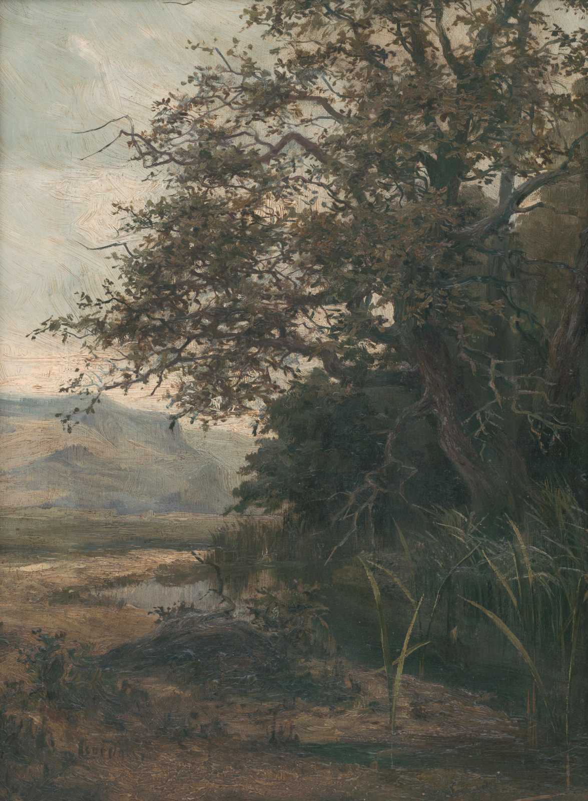 Serene Oak Riverside Landscape Wall Art