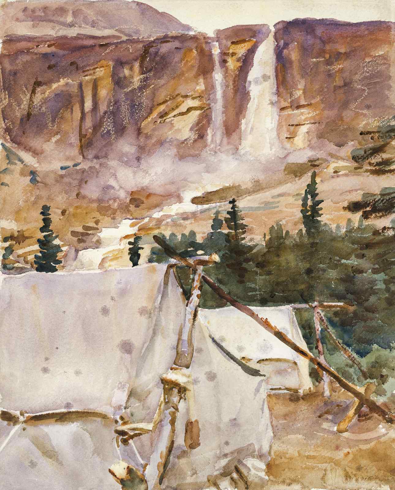 Serene Waterfall Camp Nature Watercolor Wall Art