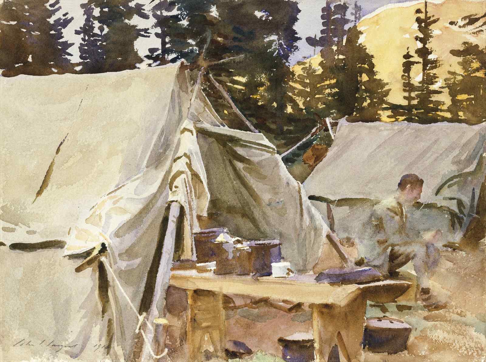 Rustic Camp Scene Watercolor Wall Art