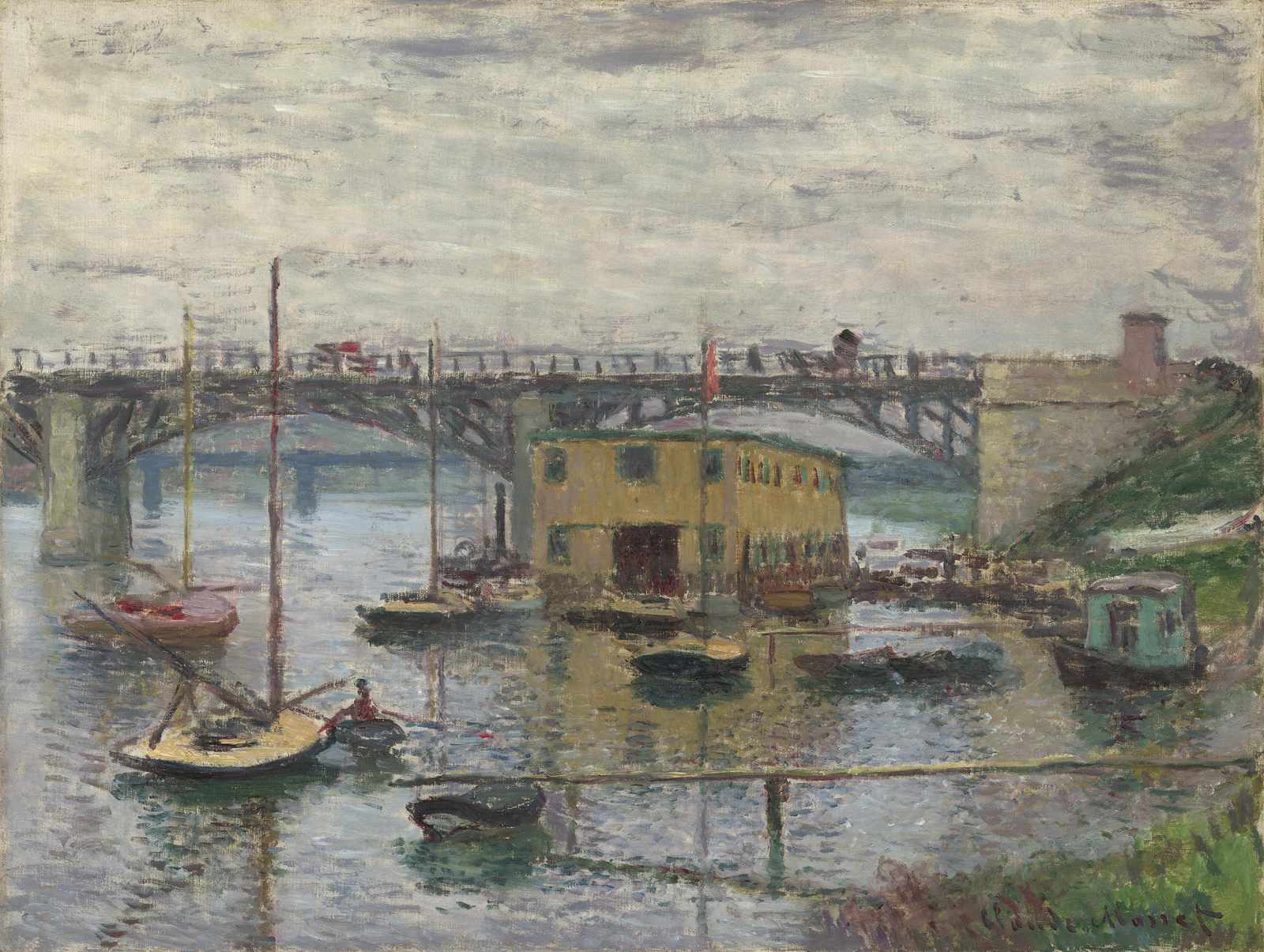 Impressionist River Scene Boats & Bridge Wall Art