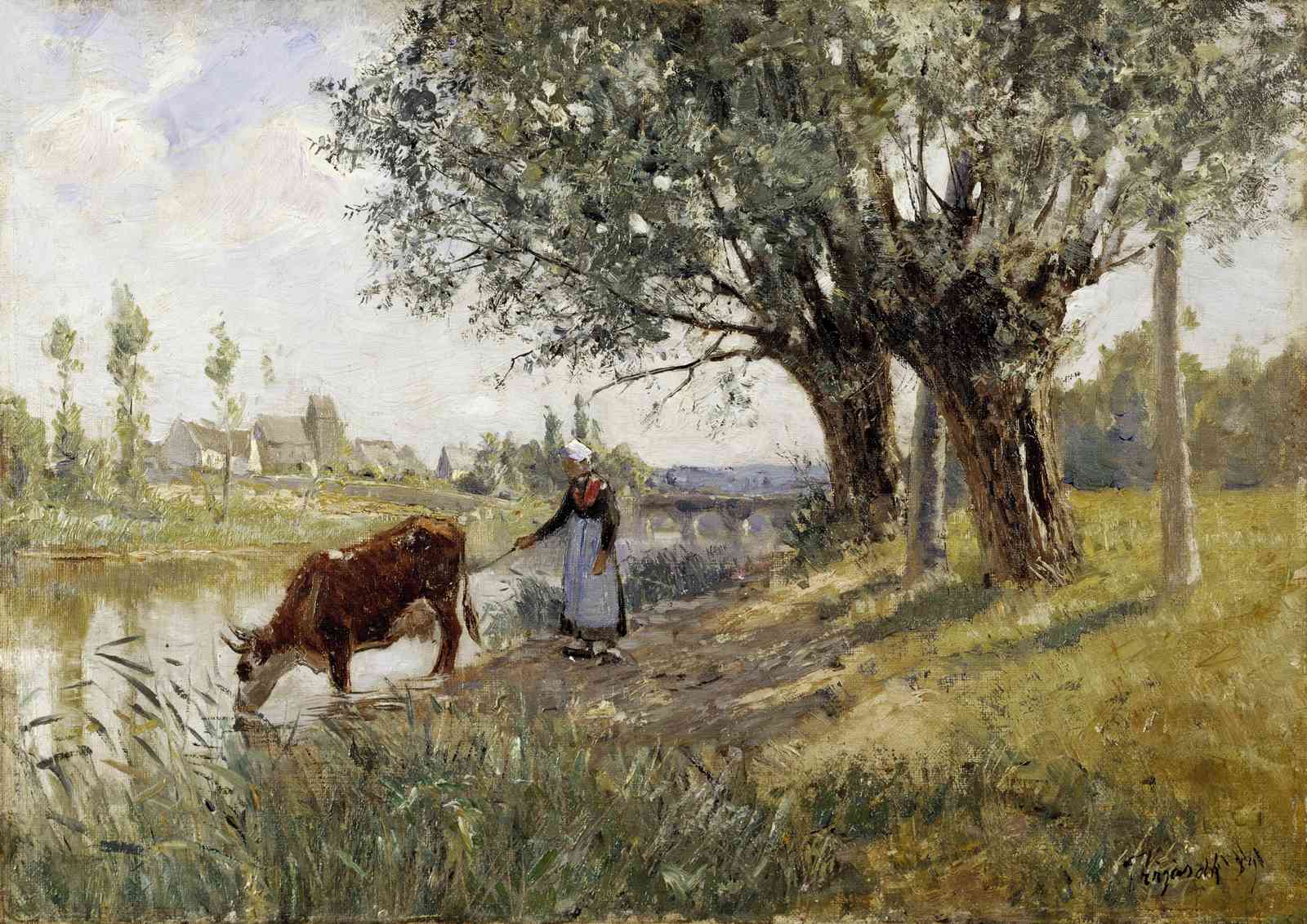 Serene Riverside Cow & Woman Landscape Wall Art