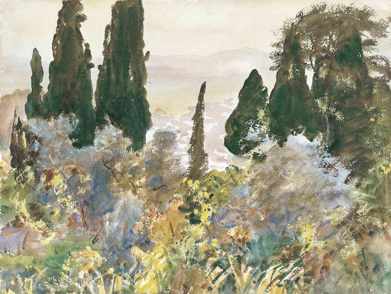 Serene Cypress Landscape Watercolor Wall Art