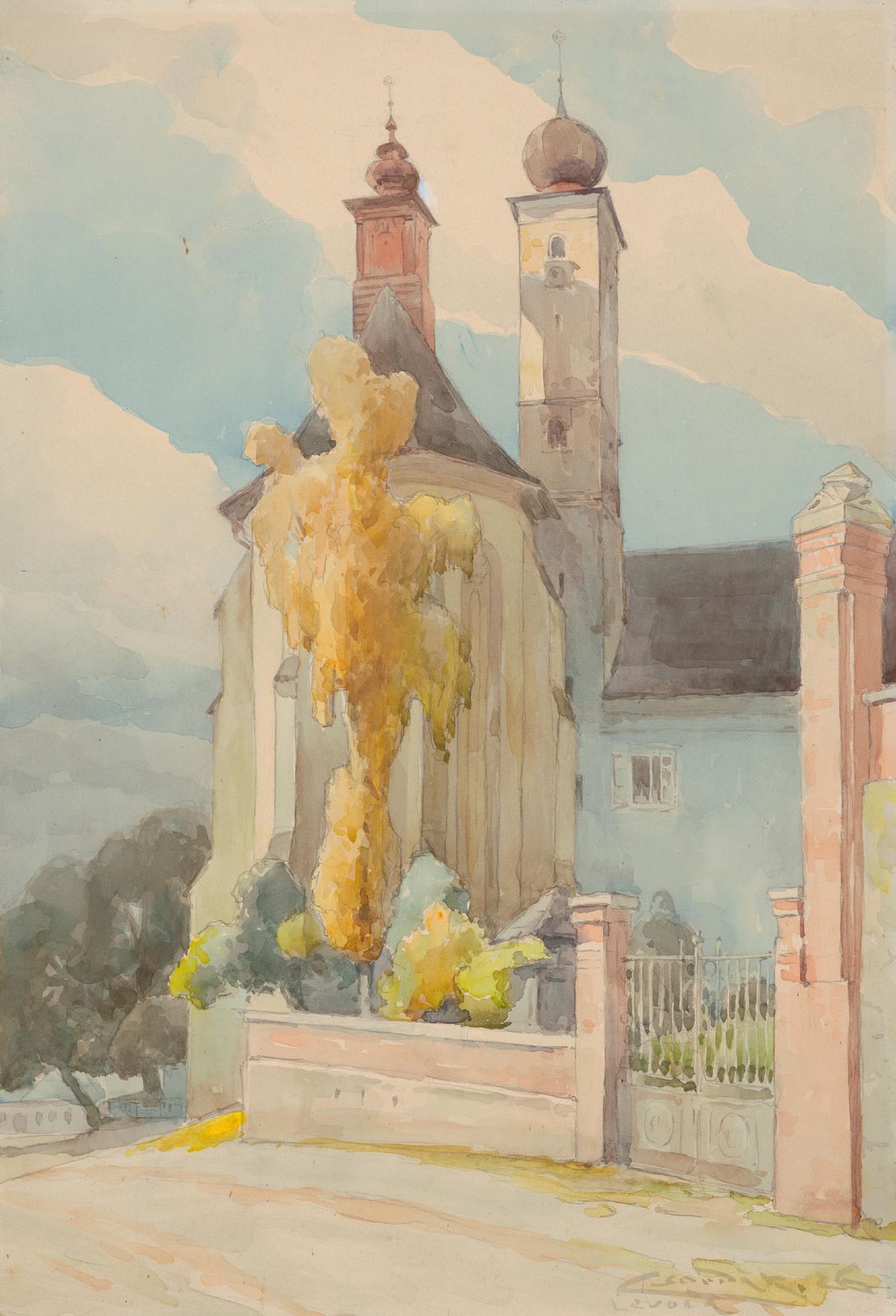 European Church Autumn Watercolor Wall Art
