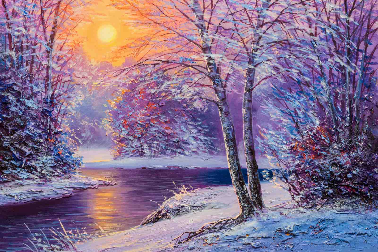 Winter Sunset River Birch Trees Wall Art