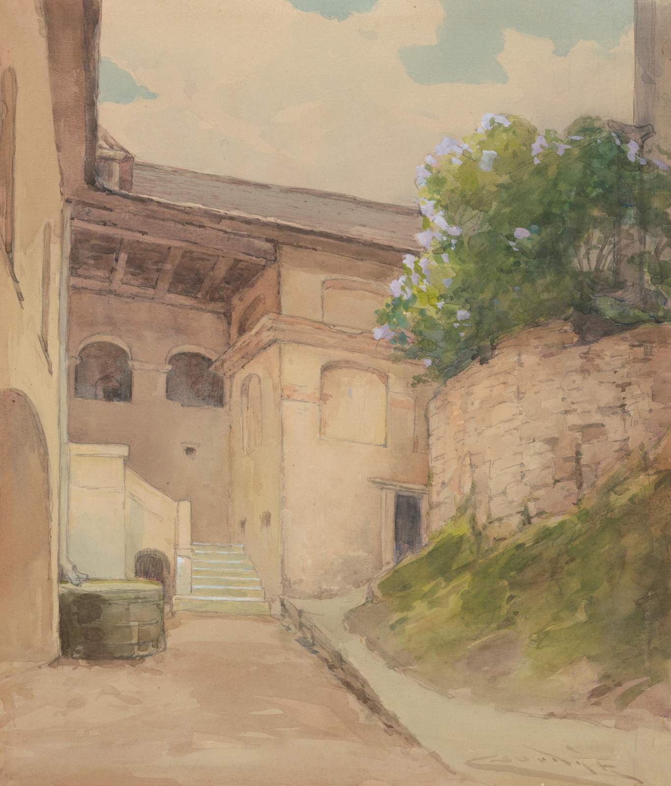 European Courtyard Watercolor Wall Art