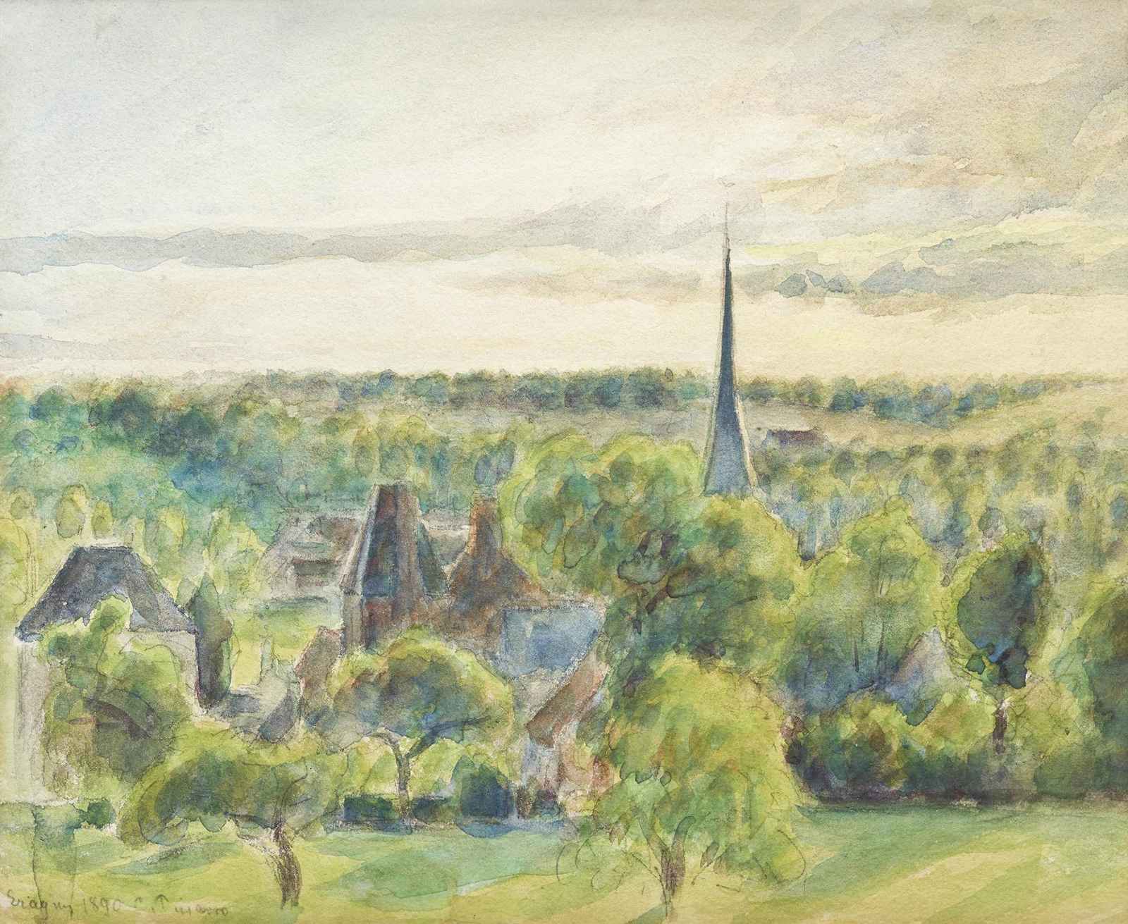 Serene Village Landscape Watercolor Wall Art