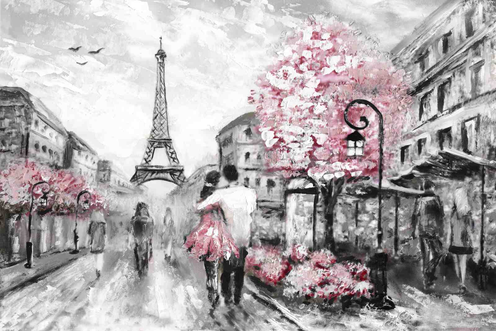 Romantic Paris Eiffel Tower Pink Blossom Wall Art