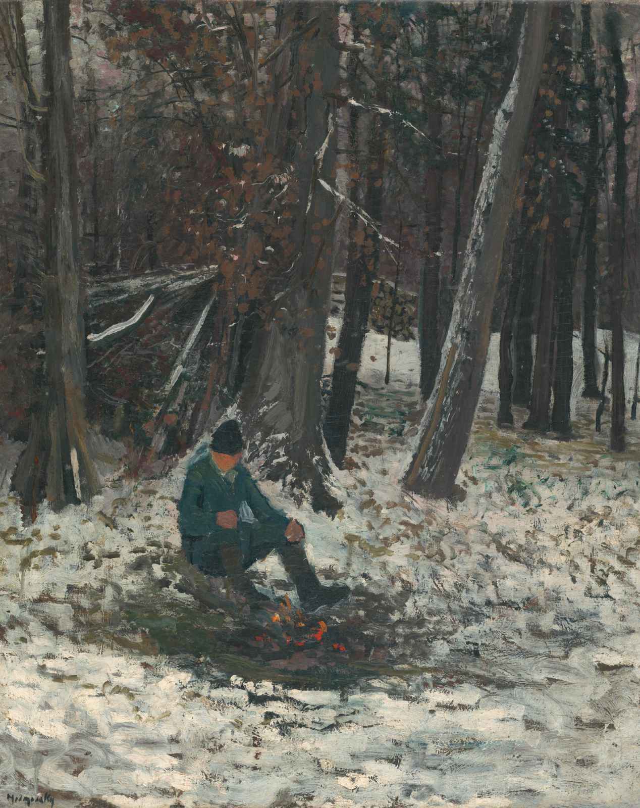 Winter Forest Scene Man by Fire Wall Art