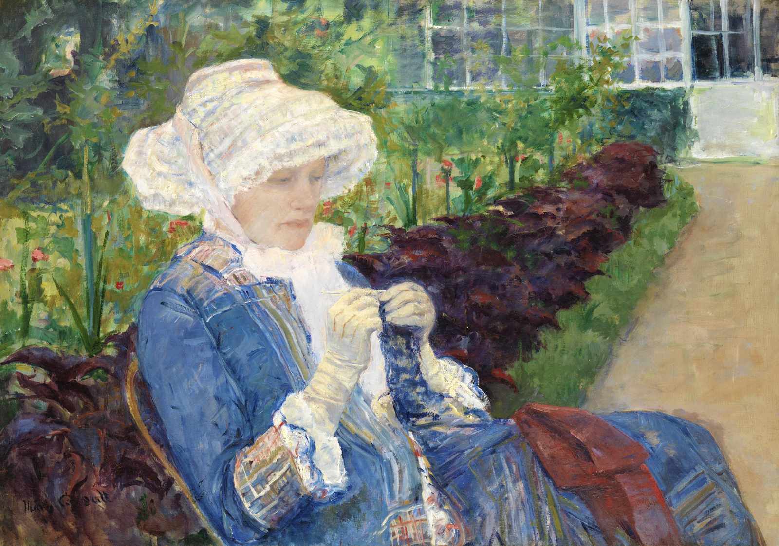 Victorian Lady Knitting Garden Art Wall Art