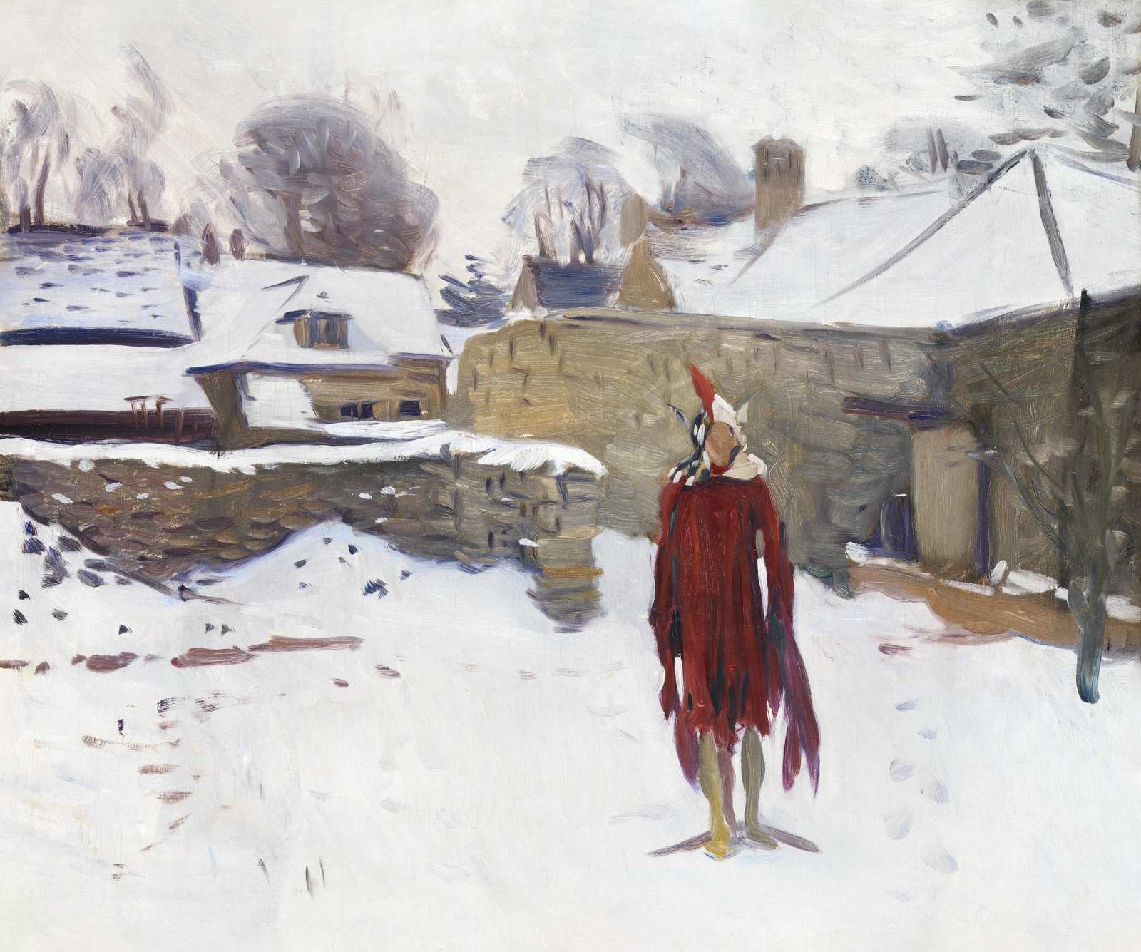 Winter Village Scene Red Coat Wall Art