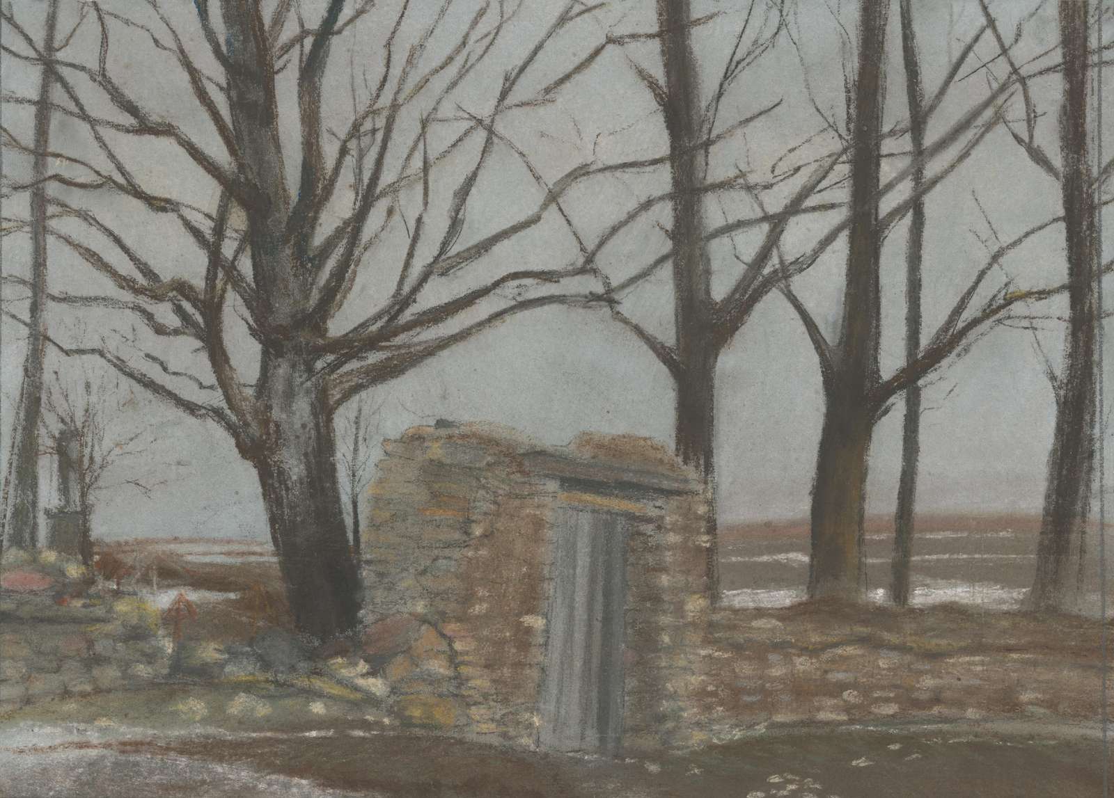Rustic Stone Shed Bare Trees Wall Art