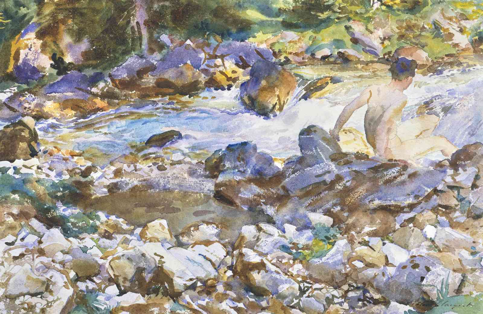 Serene Riverside Nude Watercolor Wall Art