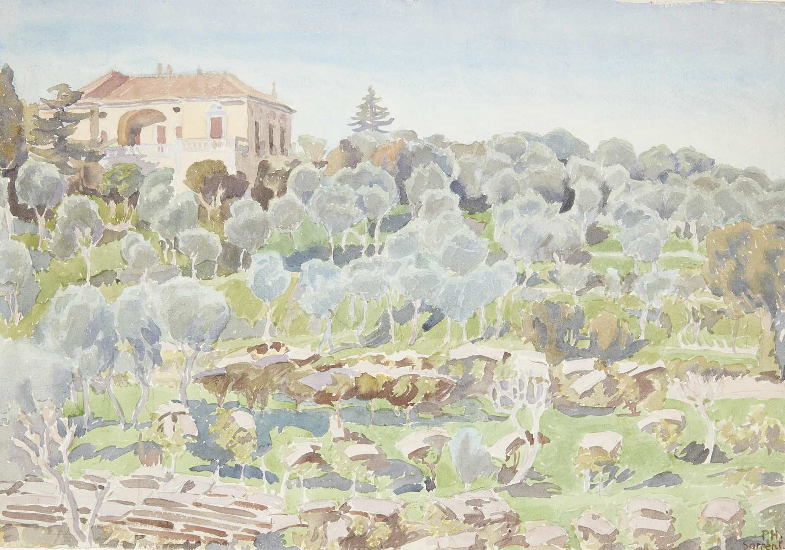 Serene Olive Grove Villa Watercolor Wall Art