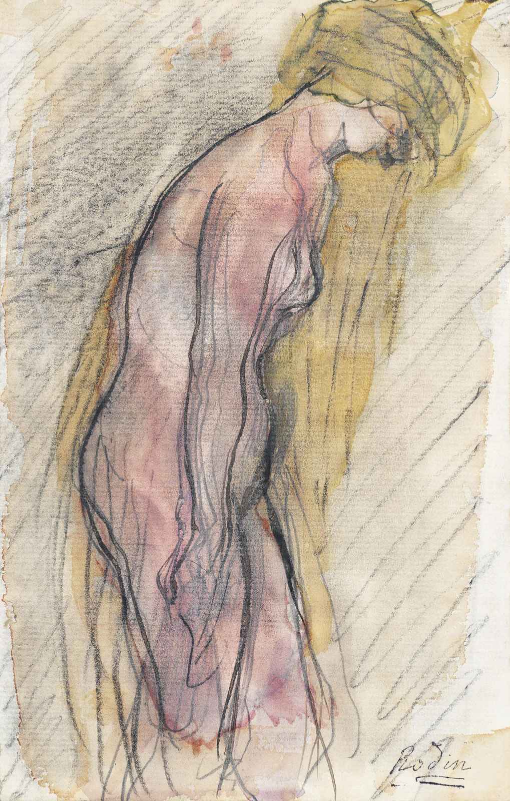 Figurative Nude Sketch with Gold Accents Wall Art
