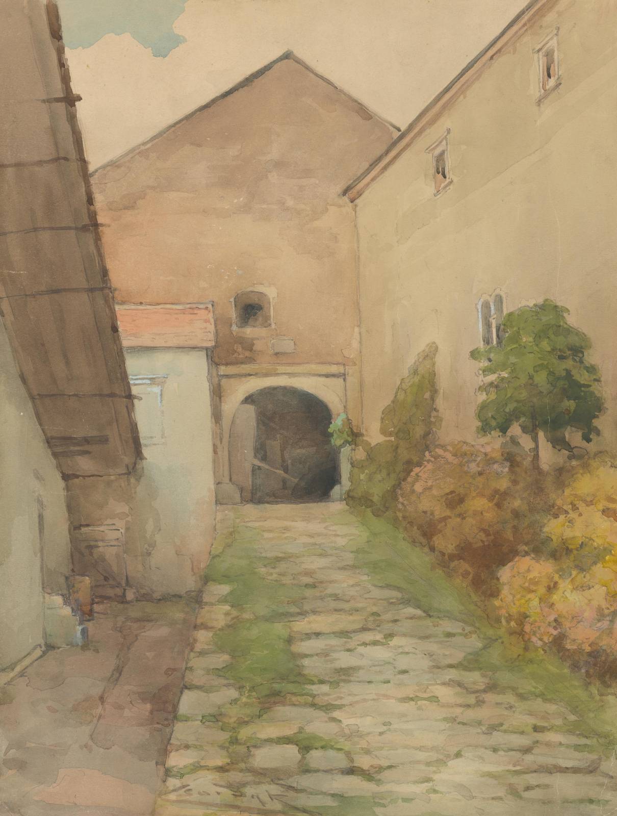 Historic Courtyard Serenity Watercolor Wall Art