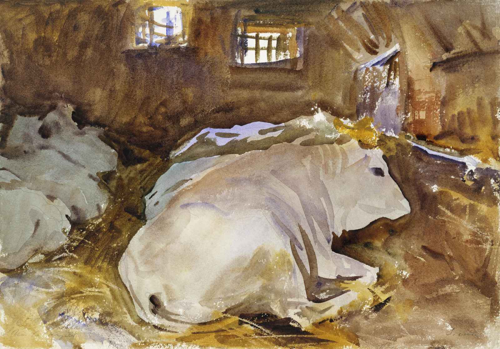 Peaceful Cow Barn Scene Watercolor Wall Art