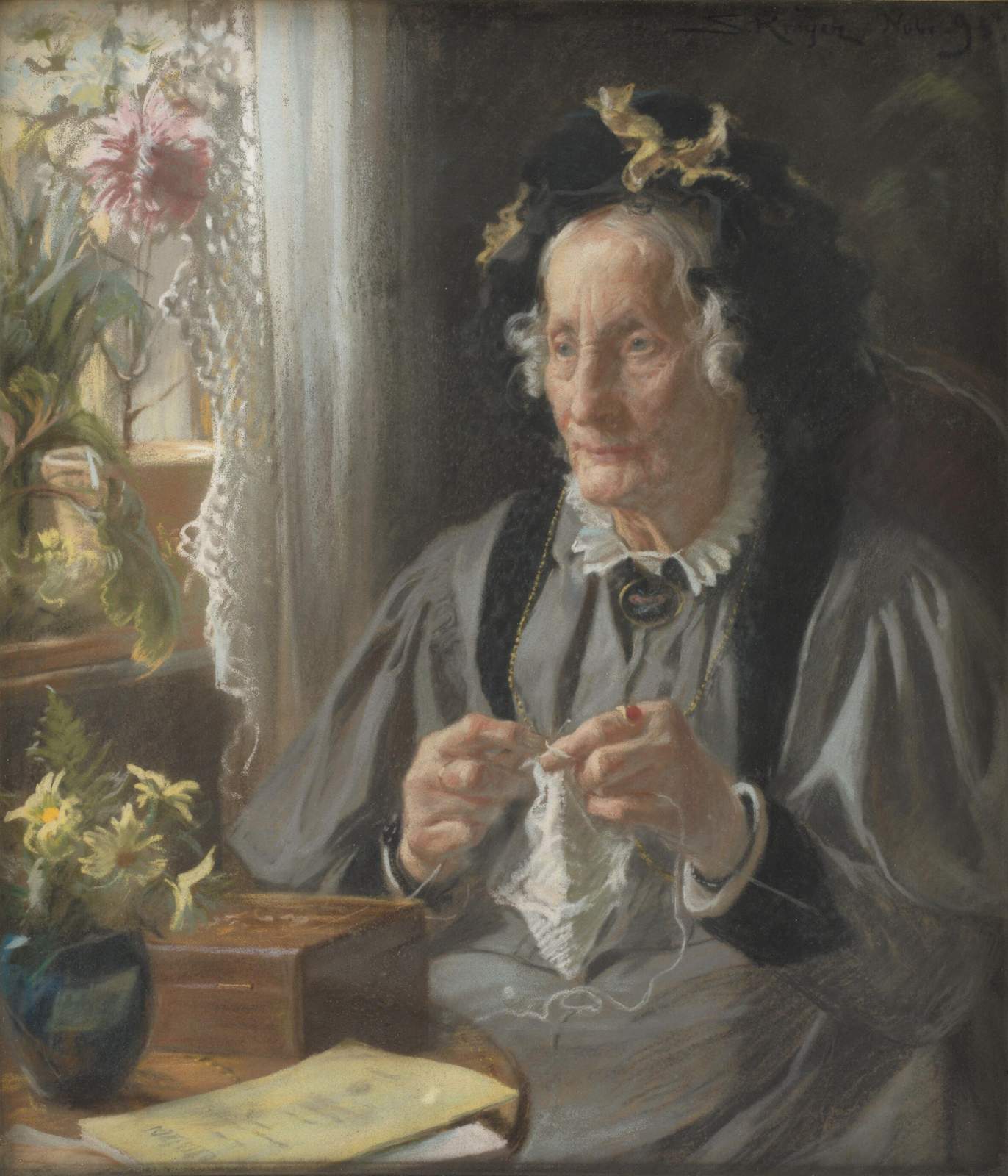 Grandmother Knitting Vintage Portrait Wall Art