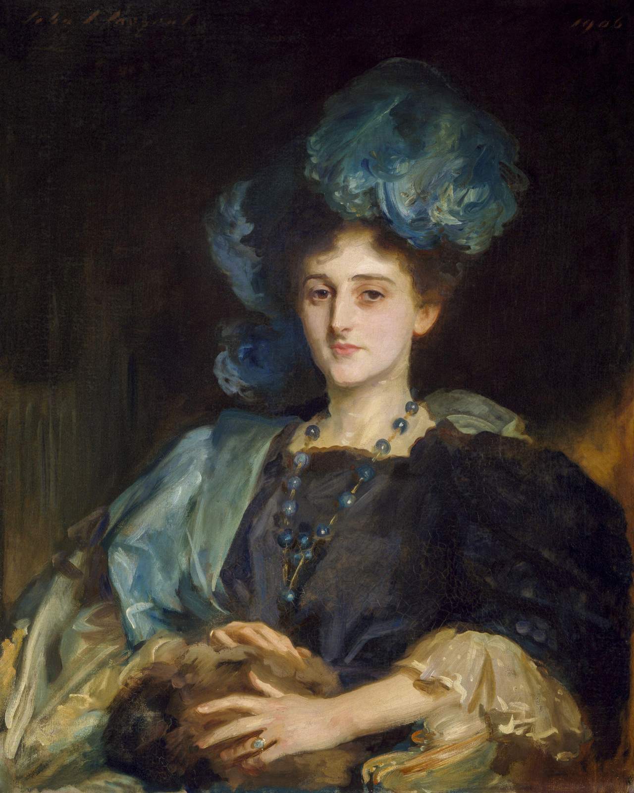 Elegant Woman Portrait Blue Feather Hat Wall Art