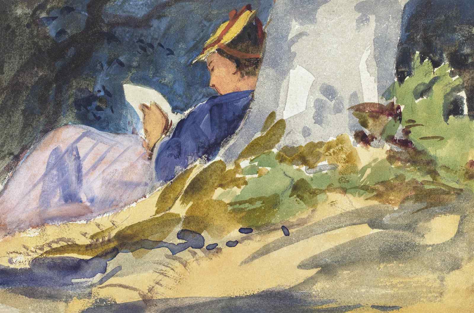 Serene Reader Under Tree Watercolor Wall Art
