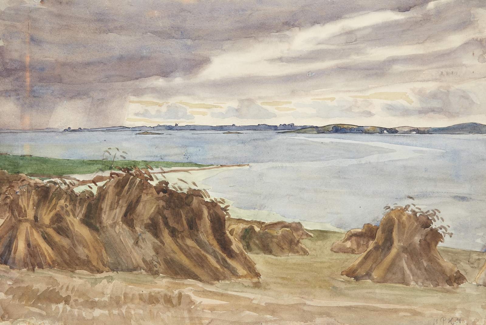 Harvested Field by Water Landscape Wall Art