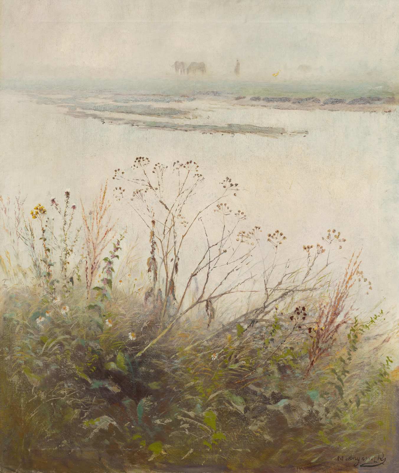 Misty Riverside Landscape with Horses Wall Art