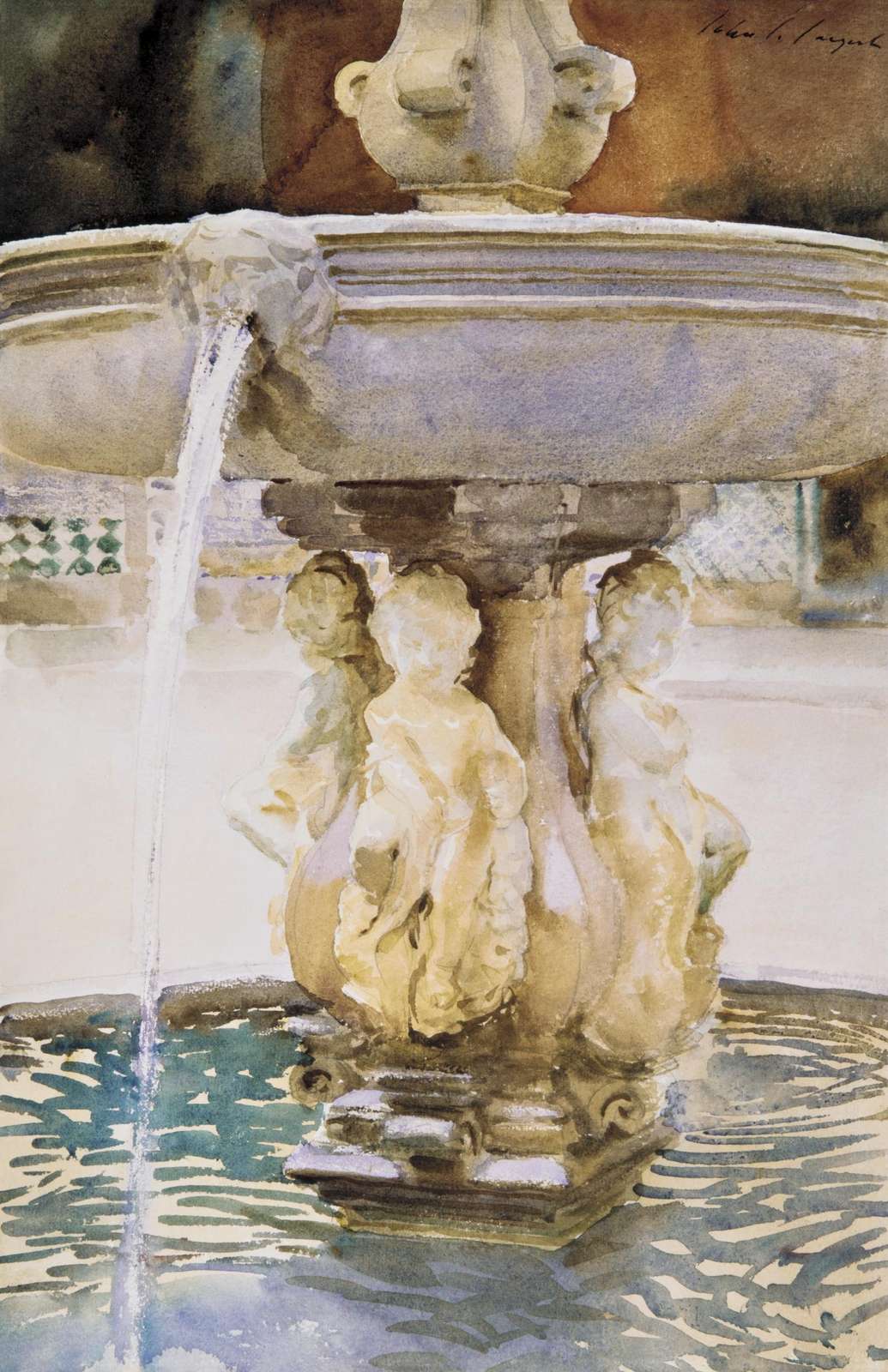 Serene Fountain Cherubs Watercolor Wall Art