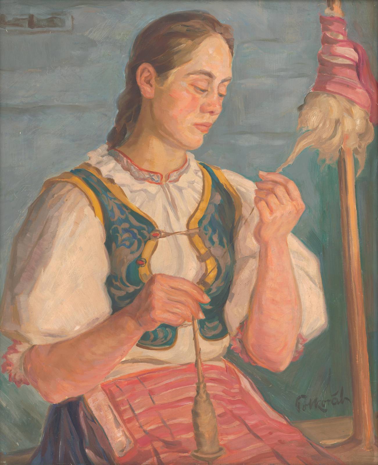 Vintage Artisan Woman Spinning Wool Wall Art