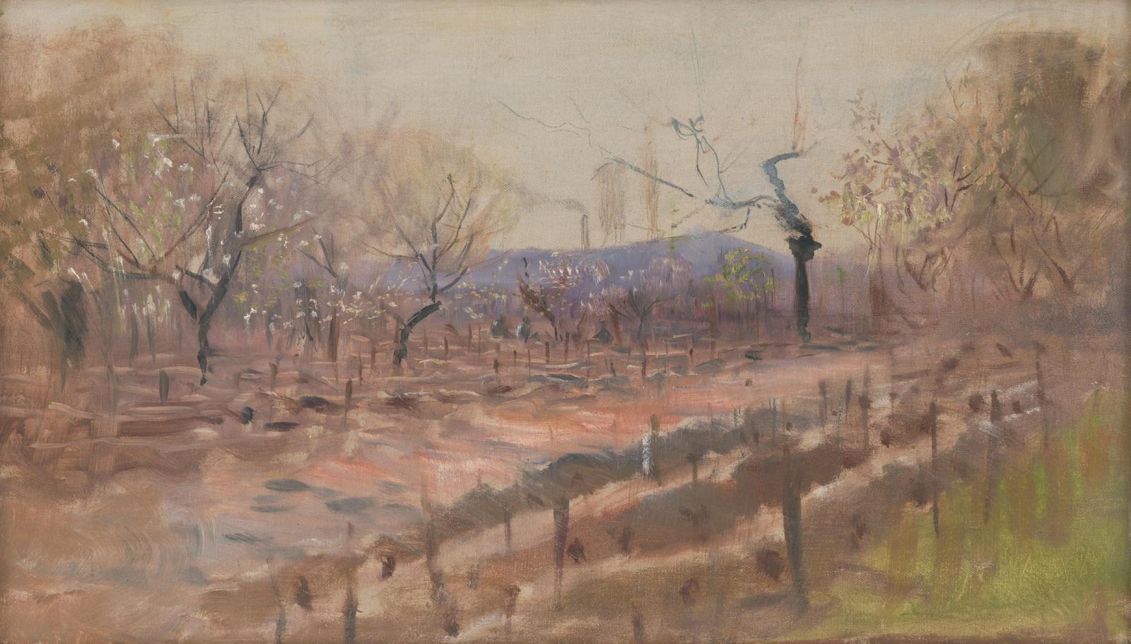 Misty Orchard Landscape Oil Painting Wall Art