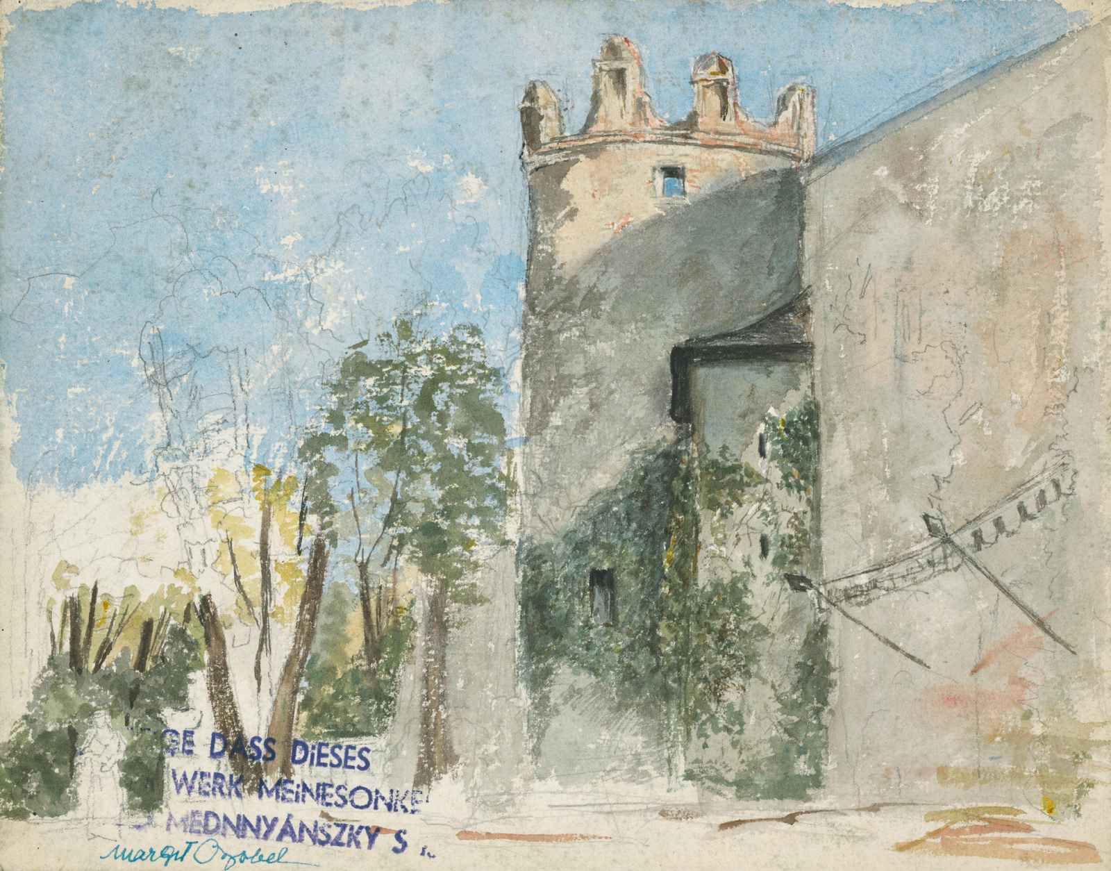 Old Tower & Garden Watercolor Wall Art