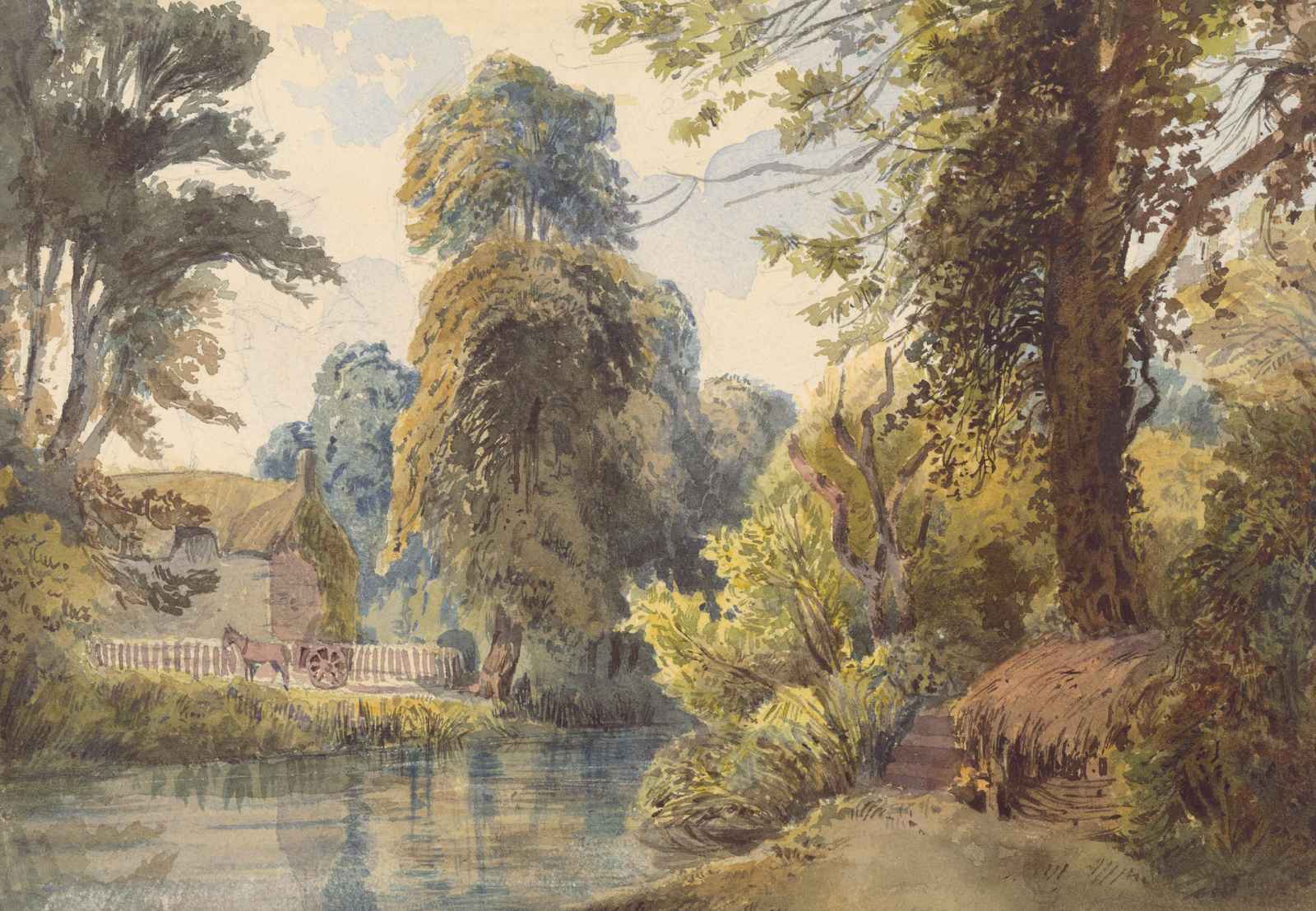 Peaceful Riverside Cottage Landscape Wall Art