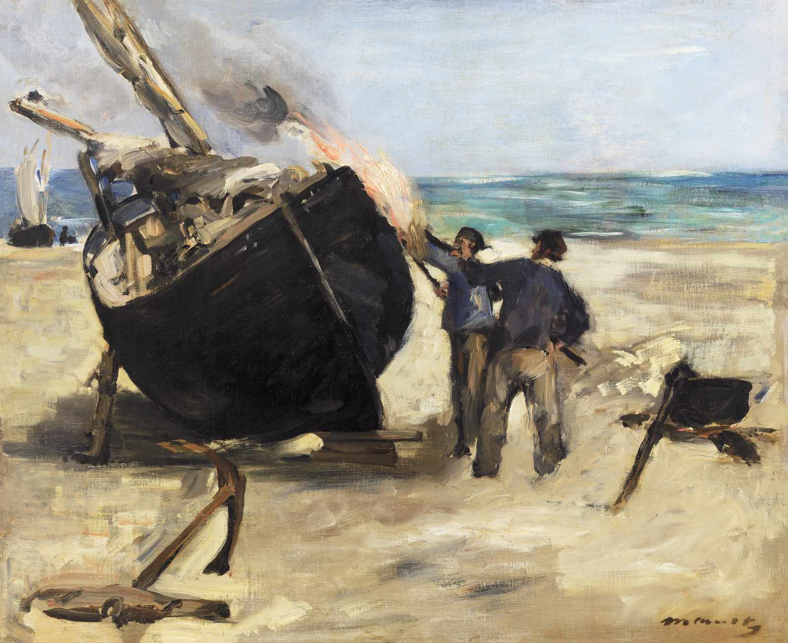 Seaside Boat Fire & Fishermen Wall Art