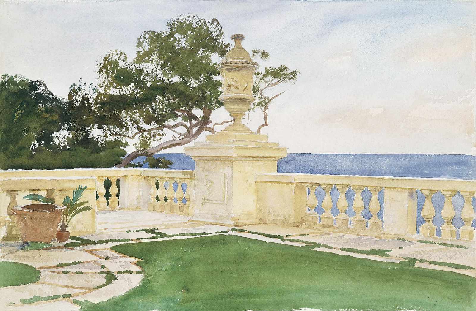 Serene Balcony Sea View Watercolor Wall Art