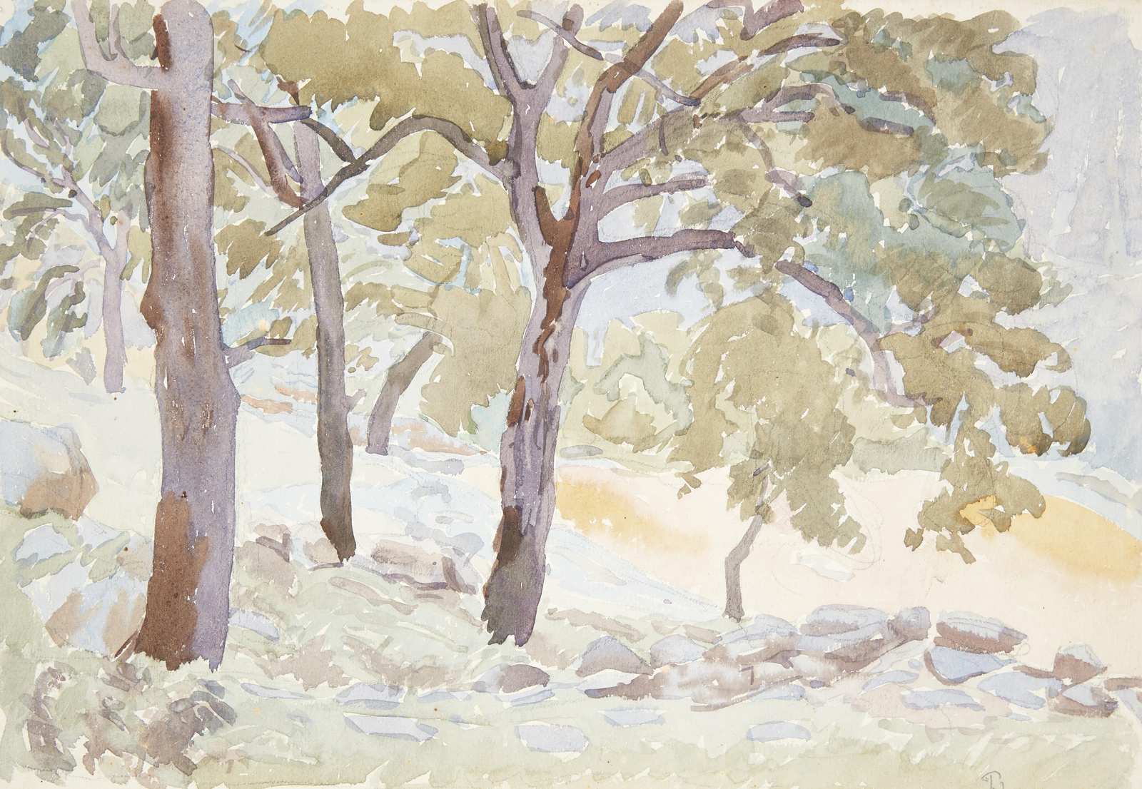 Serene Woodland Trees Watercolor Wall Art