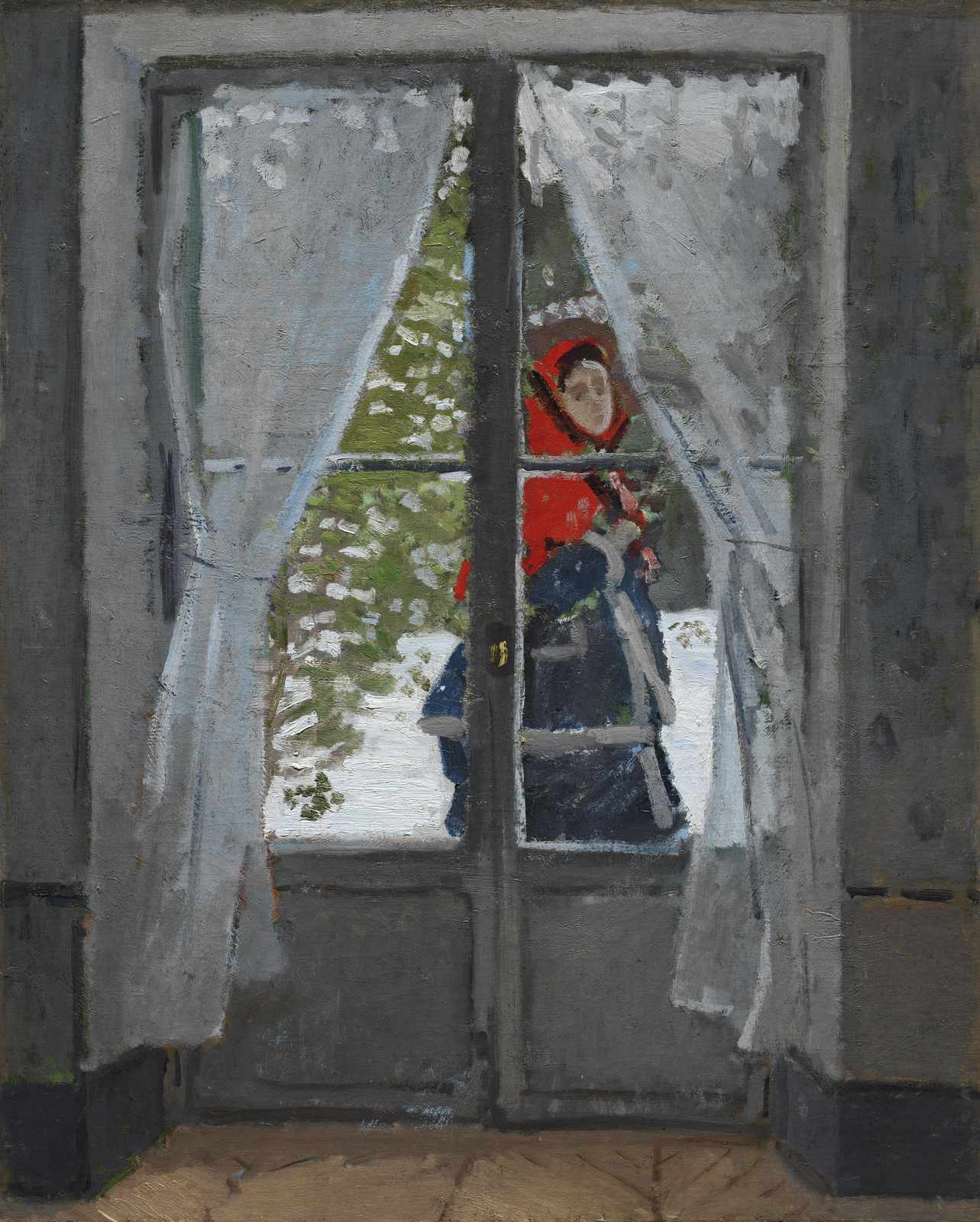 Woman in Red Scarf Through Window Wall Art