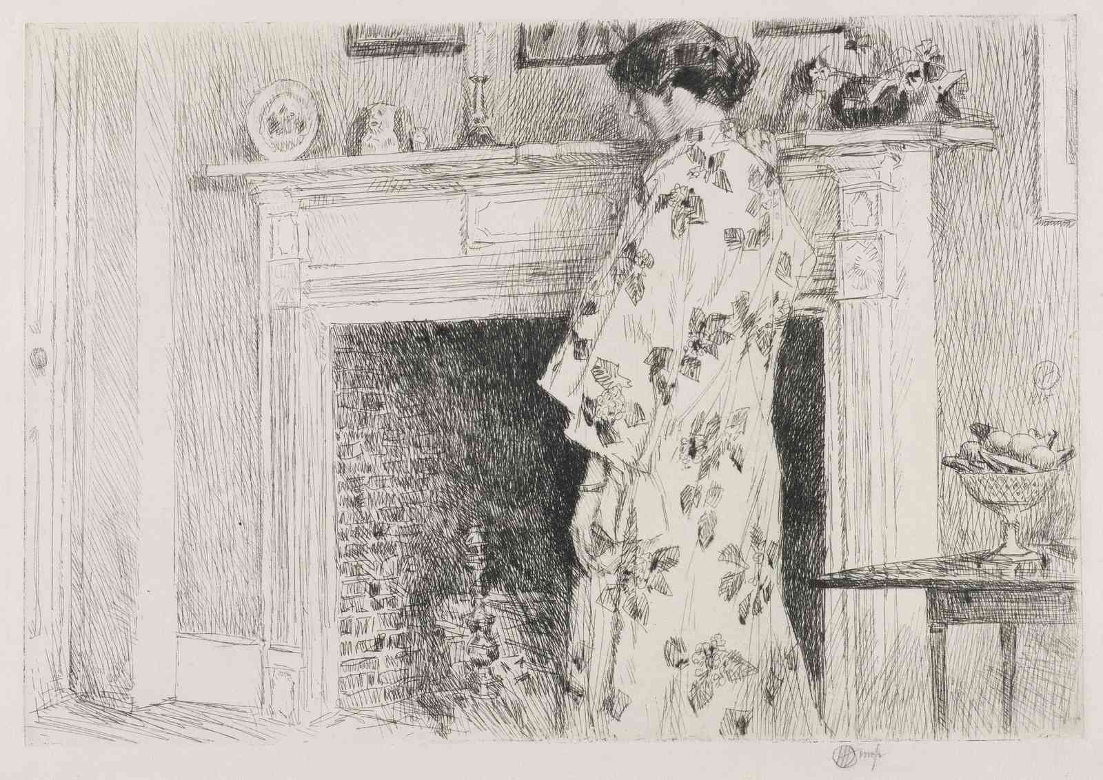 Elegant Woman by Fireplace Sketch Wall Art