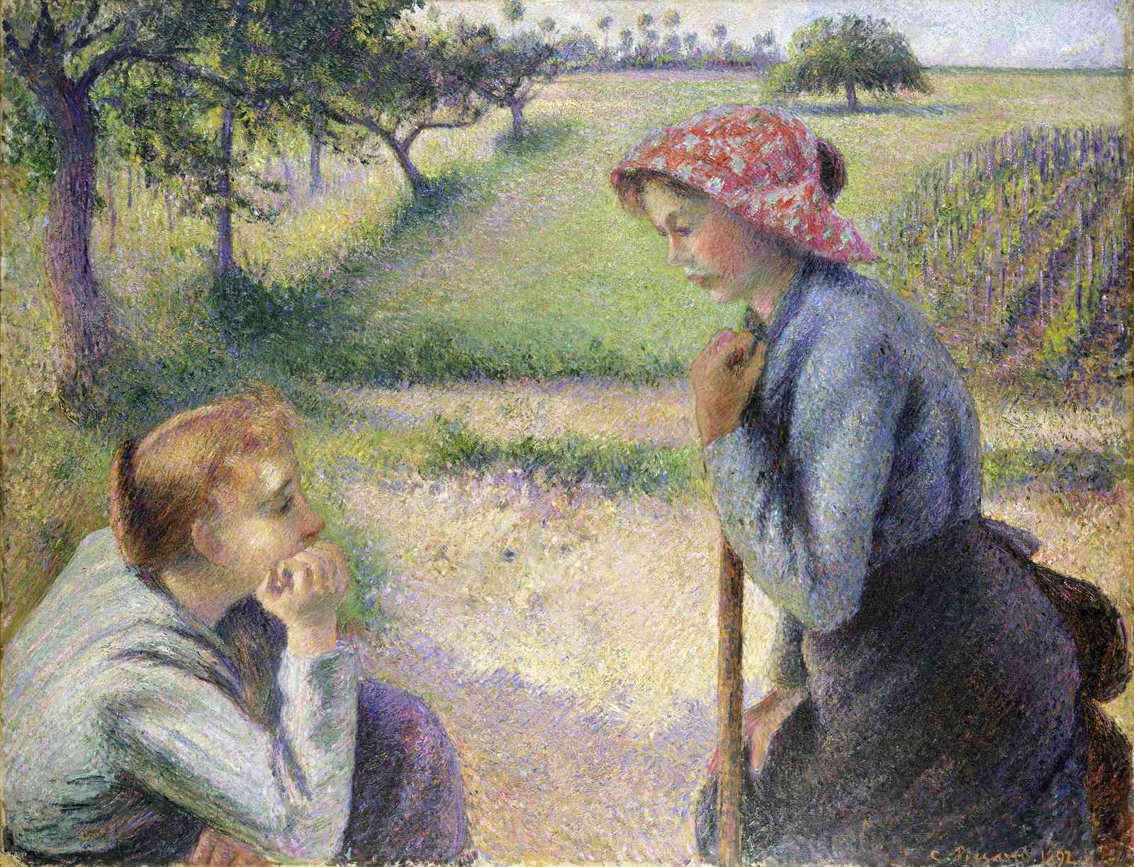 Serene Field Conversation: Pointillist Wall Art