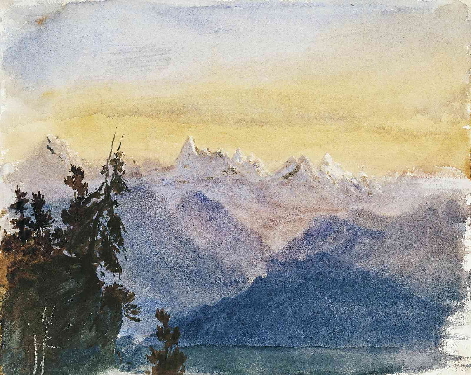 Serene Mountain Landscape Watercolor Wall Art