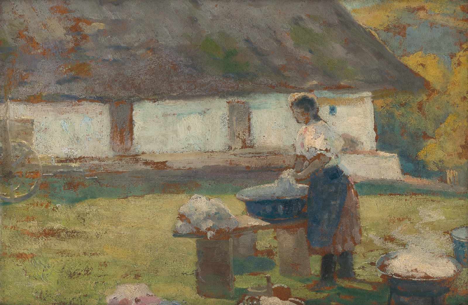 Serene Laundry Day Landscape Oil Painting Wall Art