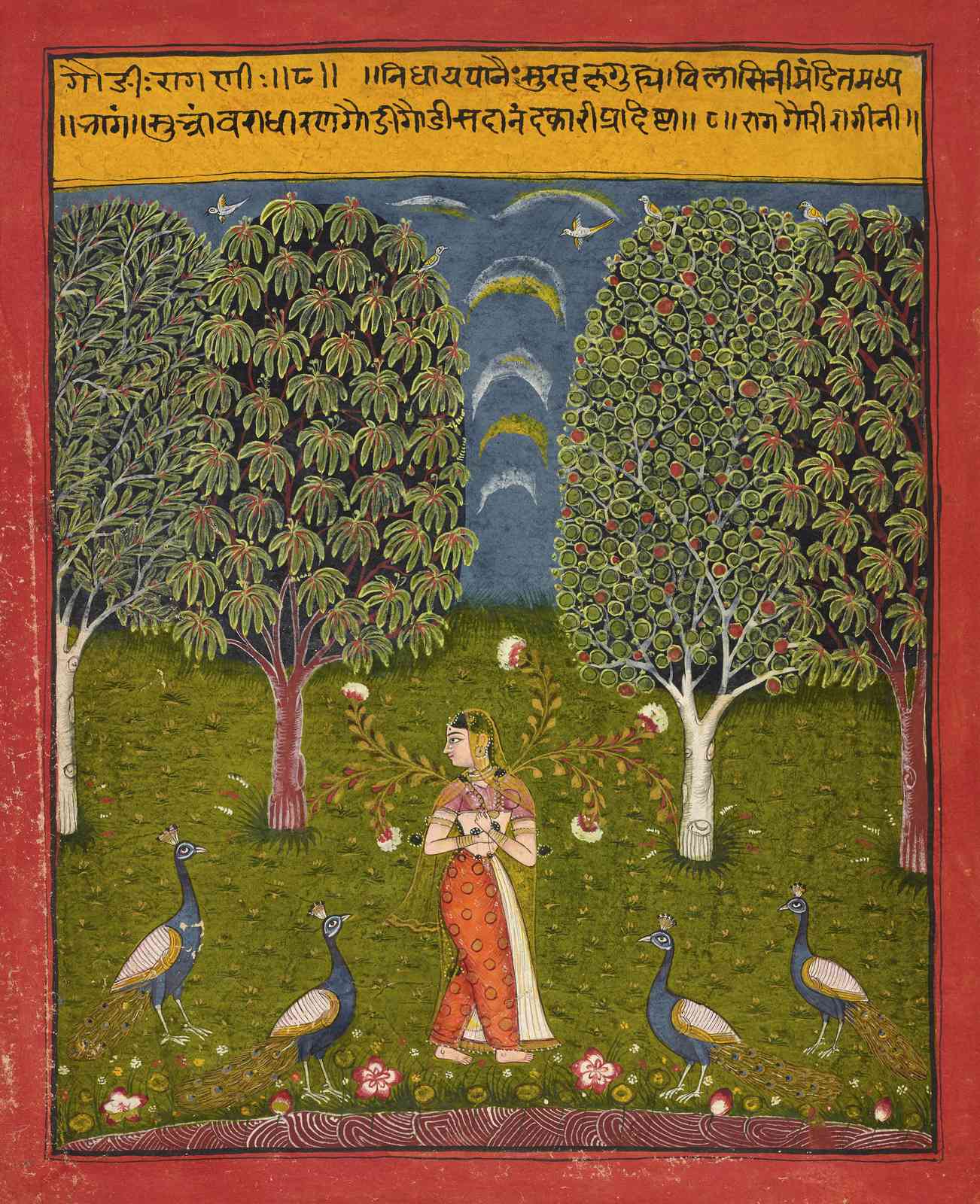Indian Miniature Lady & Peacocks Wall Art