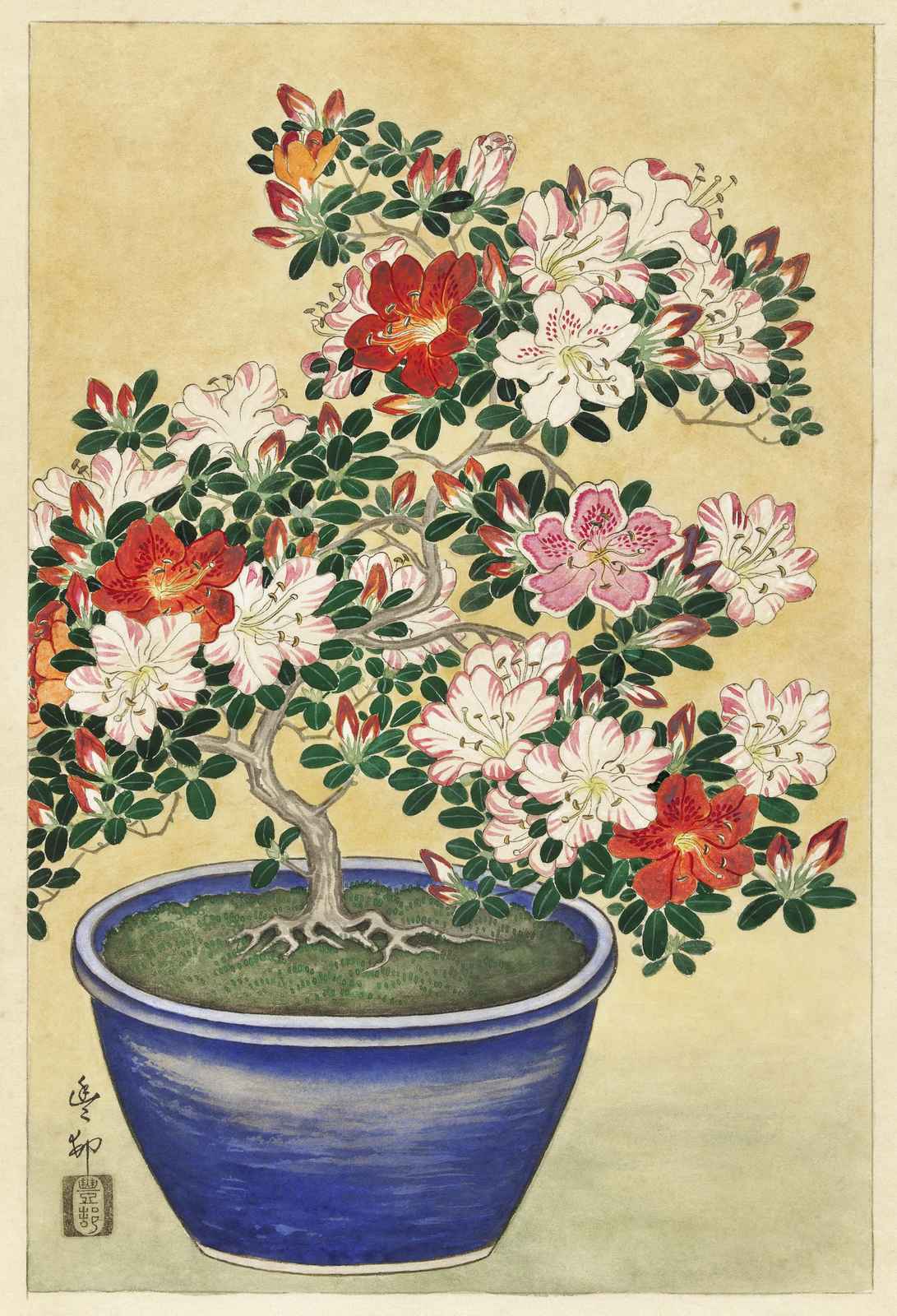 Vibrant Azalea Bonsai Japanese Art Wall Art