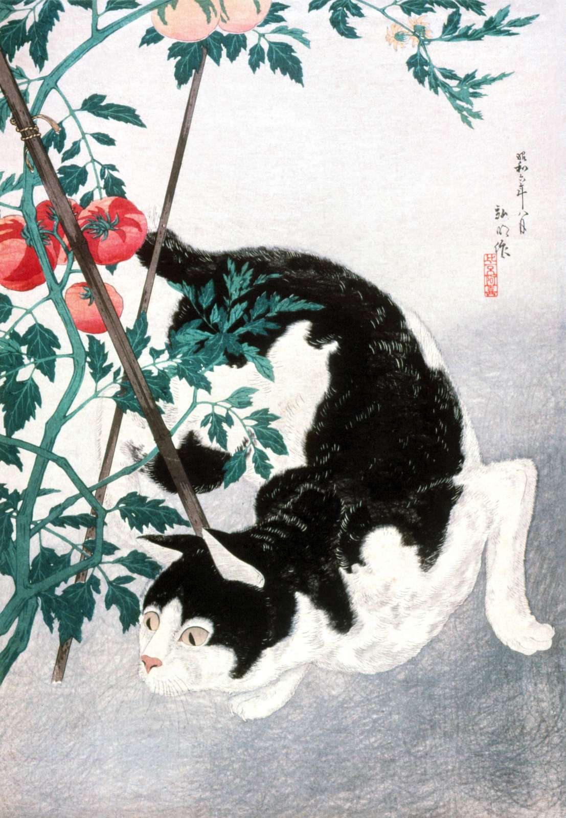 Playful Cat Amongst Tomatoes Japanese Woodblock Print Wall Art