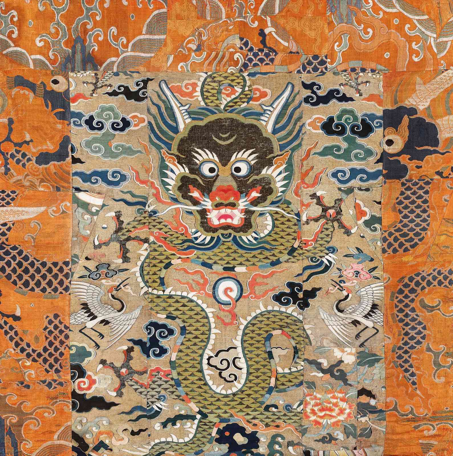 Mythical Dragon & Crane Silk Tapestry Wall Art